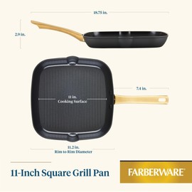 Farberware Forged Induction Ceramic Cookware Nonstick Square Grill Pan/Griddle Pan, Dishwasher Safe, Suitable for All Stovetops, 11 Inch - Black and Gold
