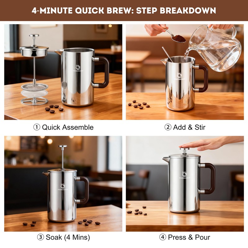 TOMAKEIT 1L/34 Oz French Press Coffee Maker,304 Stainless Steel Coffee