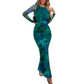 PRETTYGARDEN Women's Bodycon Maxi Dress Fall Spring Fashion Long Sleeve Floral Print Tight Fitted Party Club Ruched Dresses (Green,Small)