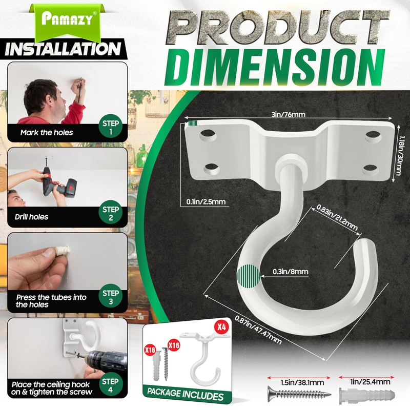 [Upgraded] 200LBS 4Pcs Rotatable Ceiling Hooks with 4 Screw Points