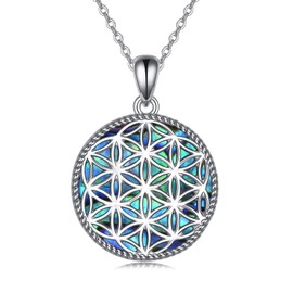 JERWLI Flower of Life Necklace 925 Sterling Silver Abalone Shell Flower of Life Pendant Jewellery for Women Girls Gifts, Sterling Silver