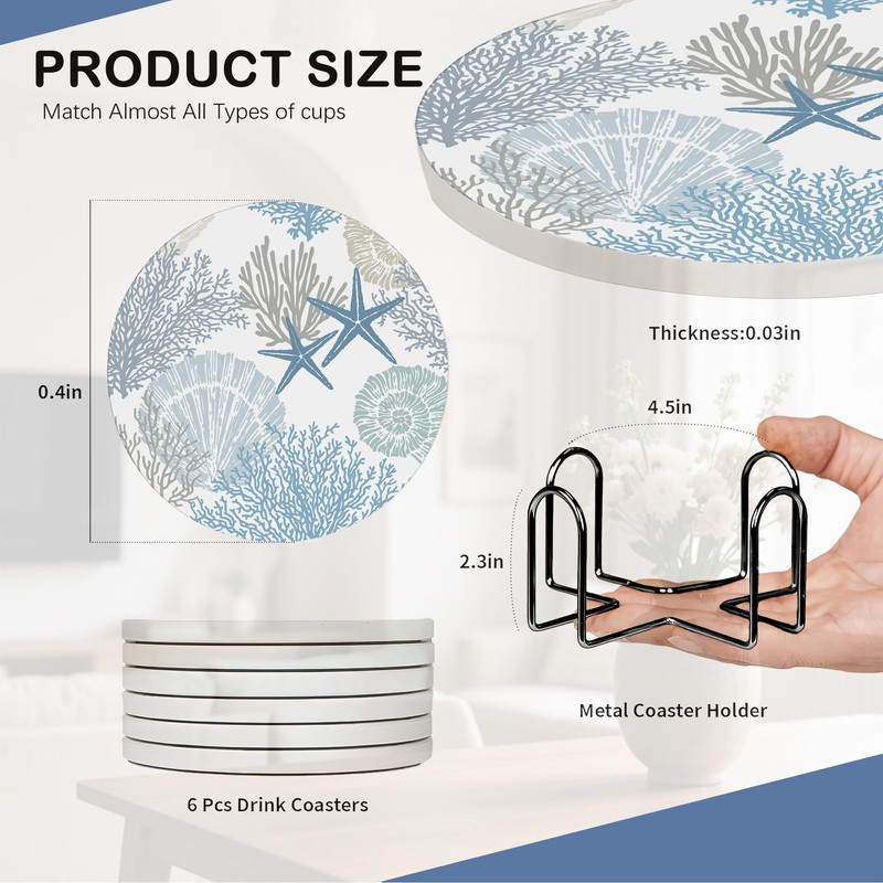 Summer Seashell Starfish Coasters Set of 6,Absorbent Ceramic Coasters with