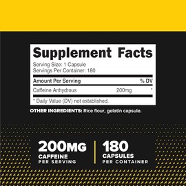 Primaforce Píldoras de Cafeína - 200 mg - 180 cápsulas - 180 ser - Sin Gluten - Sin Soya