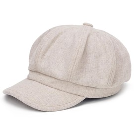 HISSHE Octagonal Newsboy Cap for Women Vintage Wool Cabbie Beret Hat with Visor (Khaki)