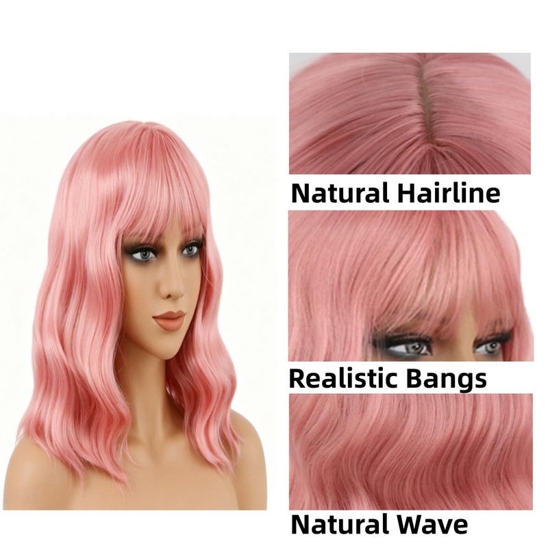 Pink Wig with Bangs 14 Inch Synthetic Wavy Bob Wig