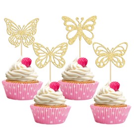 24 piezas de adornos de mariposa para magdalenas montadas con purpurina, estilos mixtos, huecos, mariposas, cupcakes, decoración de pasteles para bodas, compromisos, despedidas de soltera, suministros de fiesta de cumpleaños para niños, color dorado