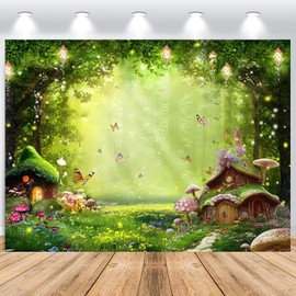 ASDCXZ Enchanted Forest Photo Wall Background 2.2 x 1.5 m, Fairy Tale Magic Forest Fantasy Wonderland Mushroom Butterfly Forest Jungle Photography Background Girls Princess Birthday Party Banner