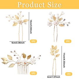 Yeomju Pack of 4 Bridal Hair Pins Golden Leaves Crystal Beads Vintage Headpiece Wedding Hair Accessories Jewellery with Rhinestones for Brides Bridesmaids (4 Styles)