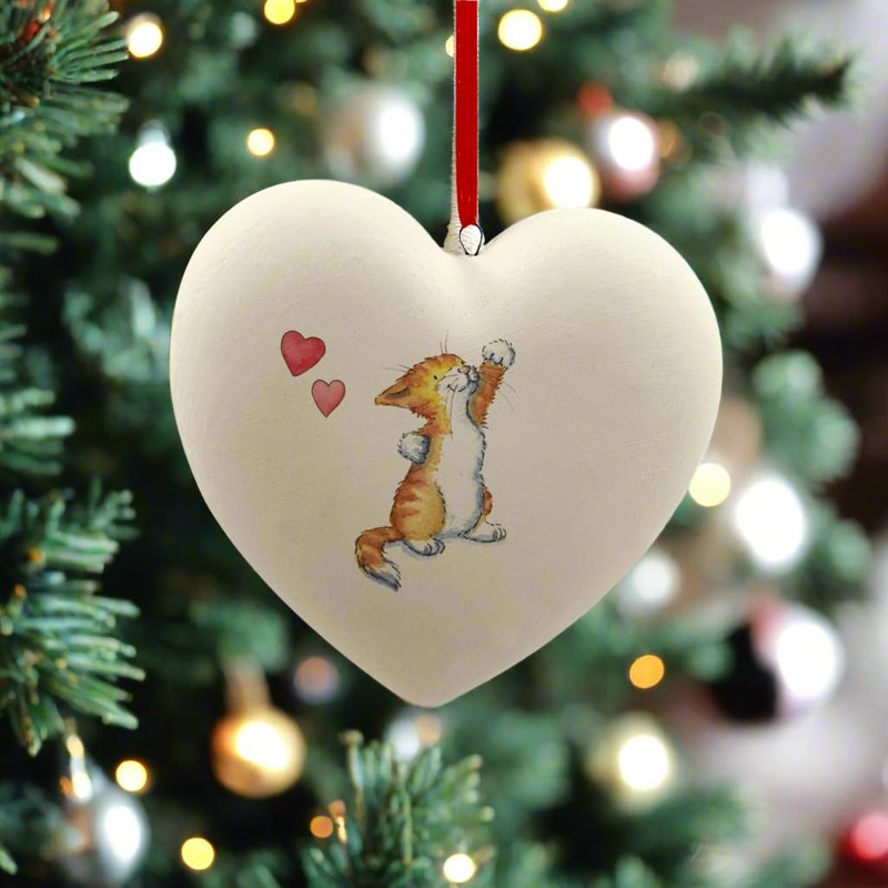 Image Industry Cat Ginger & White Ceramic Heart Bauble -