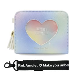 Pink Amulet Wallet, For Children, Girls, Kids, Bifold Wallet, Elementary School Students, Mini Wallet, Coin Purse, Heart, Gradation, Neck Strap, blue & green