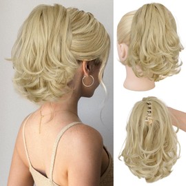 KooKaStyle Ponytail Extension, 10" Short Claw Clip in Pony Tails Hair Extensions Curly Wavy Synthetic Drawstring Hairpieces for Women(Light Ash Blonde)