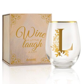 Onebttl Unique Stemless Wine Glasses, Initial Wine Cup for Red or White Wine - 18oz, Monogrammed, Gold - for Women, Girls, Female, Her, Friends, Coworkers, Clients - for Birthday, Christmas