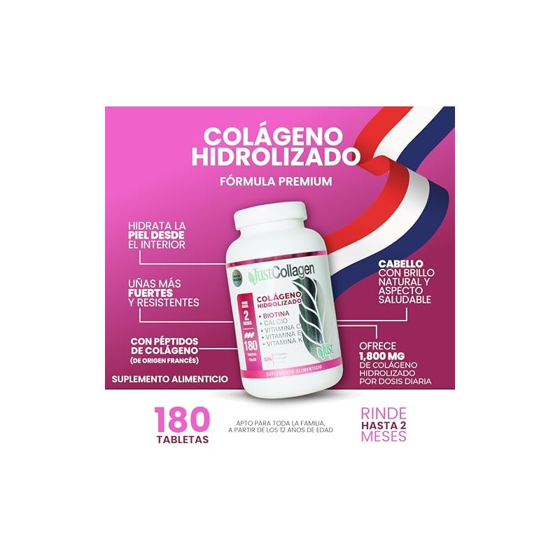 Colágeno Hidrolizado Fórmula Premium 180 Tabletas Sin Azúcar, Sin Grasas,
