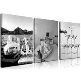 raiqtols Vintage Cocktail Wall Art Set of 3, Black and White Bar Cart Wall Decor, Funky Girly Cocktail Aesthetic Pictures for College Dorm Apartment Living Room Wall Decor 12x16 in Framde