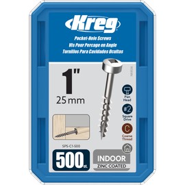 Kreg SPS-C1-500 Zinc Pocket Screws, 1-Inch, #7 Coarse Thread, Pan Head (500 Count)