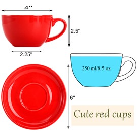 Yesland 2 Pack Ceramic Coffee Cup with Saucer, 8.5 oz Cappuccino Cup Latte Cup, Glossy Red Espresso Cups for Specialty Coffee Drinks, Latte, Cafe Mocha and Tea