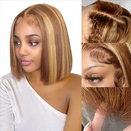 Bestvivid Highlight Lace Front Bob Wig Human Hair 14 Inch Ombre Honey Blonde 13x4 HD Lace Front Wigs Human Hair Pre Plucked Middle Part 4/27 Colored Lace Frontal Wigs(12 Inch, 4/27 Highlight)