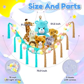 Popstick Stuffed Animal Hammock Corner with LED Light, Toys Holder for Stuffed Animal Storage, Wall Hanging Net Toy Organizer for Kids Girls Bedroom (Sky Dune)