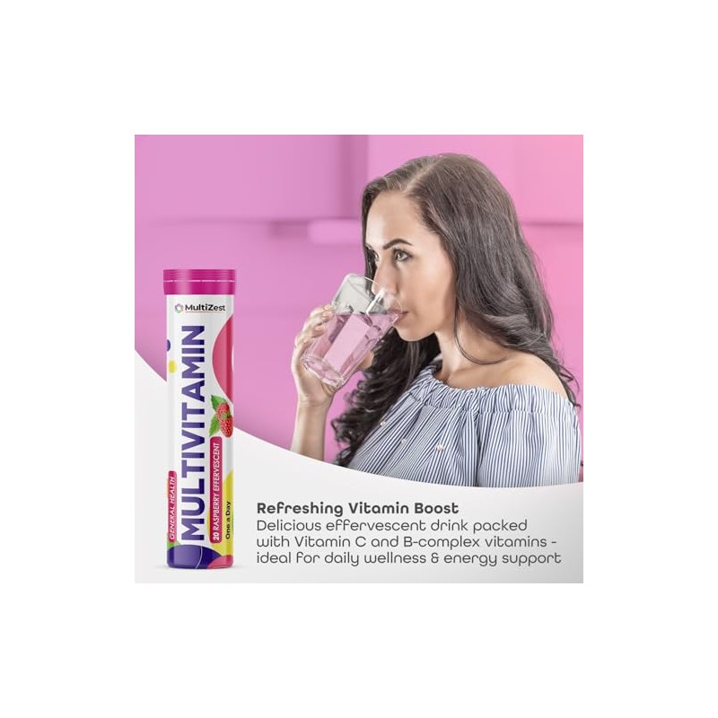 Multivitamin Effervescent| Raspberry Flavour|20 Tablets x 6| MultiZest Brand