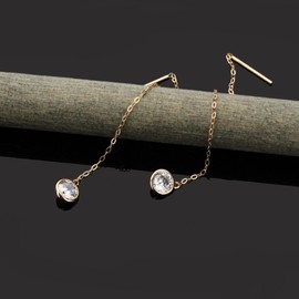Solid 14K White Gold Earrings Or Rose Gold Earrings Chain Dangle Earrings Round CZ Bezel Threader Drop Earrings