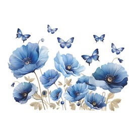 iMagitek Blue Flower Wall Decals Peel and Sticker DIY Floral Butterly Wall Stcikers Murals for Girls Bedroom, Living Room, Kids Room Wall Decor
