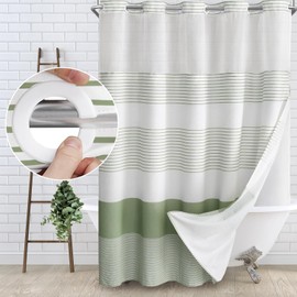 Awellife No Hook Shower Curtain with Fabric Snap in Liner Set Less Time Cotton and Linen Blend Shower Curtain for Bathroom Boho Green Striped 75" L x 36" W