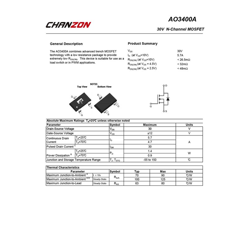 Chanzon AO3400 SOT-23 Sic Mosfet MOS N-Channel Transistor n-fet 5.7A