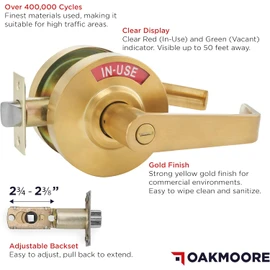 OAKMOORE Commercial Door Handle Bathroom Door Lock in Gold | Vacant Occupied Bathroom Lock | Commercial Restroom Door Lock for Public Bathroom & Industrial Buildings
