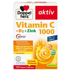 Doppelherz Vitamin C 1000 + D3 + Zinc, High Dose with Vitamin C and Vitamin D to Support the Immune System and Protect Cells, 100 Depot Tablets