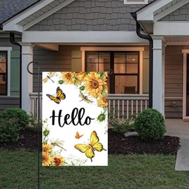Summer Sunflower Garden Flag 12x18 Inch Double Sided, Hello Spring Butterfly Dragonfly for Outside Yard Decoration