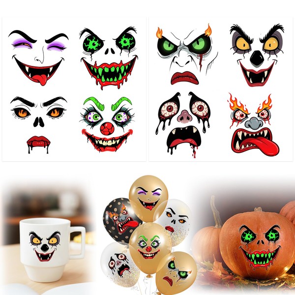 Halloween Face Stickers, 2 PCS Scary Faces Crystal Stickers, 8