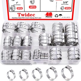 Twidec/48PCS 3/8",1/2",3/4",5/8",1" PEX Cinch Clamps Kit 5 size,Stainless Steel Pex Crimp Rings,Single Ear Hose Clamps For Pex Pipe Fitting Connections N-058-48PCS
