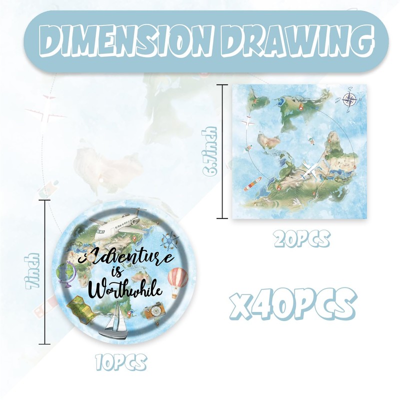 40Pcs Travel Themed Party Decorations Adventure Awaits Disposable Tableware Set