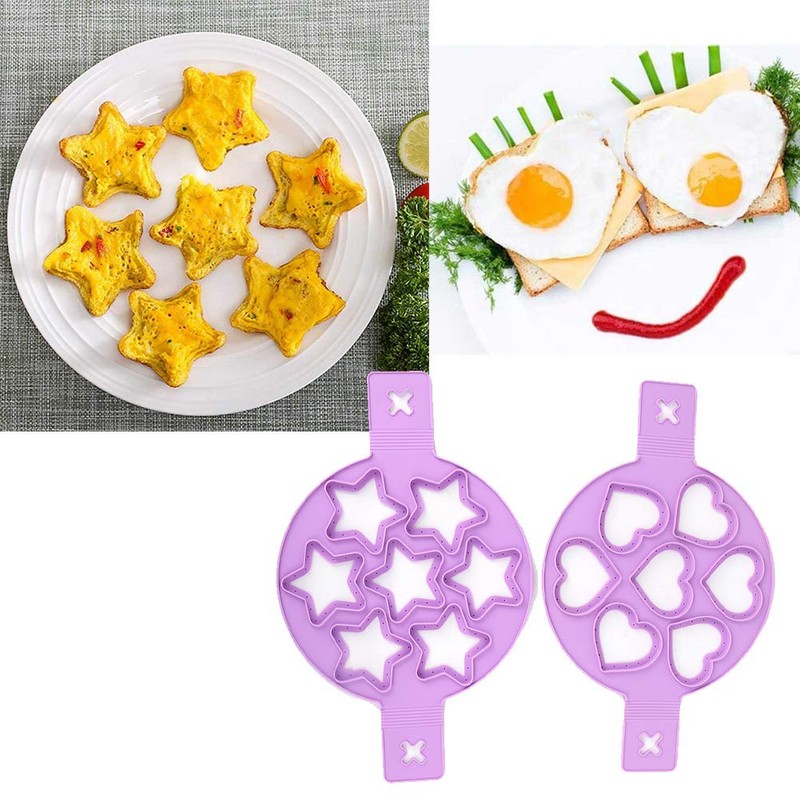 2PCS Pancake Maker Mold, 7 Cavity Star/Heart Shape Nonstick Reusable