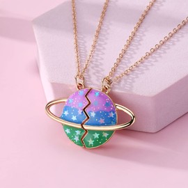 2PCS Stylish BFF Necklaces, Friendship Magnetic Necklaces Colorful Planet Pendant, Best Friends Forever Golden Chain Necklace for 2, Friendship Jewelry Birthday Gifts for Girls Boys Friends Family