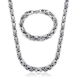 CASSIECA 2 Pieces Chains for Men Byzantine Chain Silver Men's Stainless Steel Wide Necklace and Bracelet Set Thick Heavy Byzantine Chain Bracelet Punk Chain for Men 6/8 mm, Stainless Steel