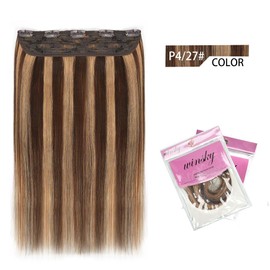 Winsky Hair Extensions Real Human Hair - One Piece Balayage Brown to Blonde Remy Hair Extensions Clip on 70gram for Women (16inch, #P4/27)