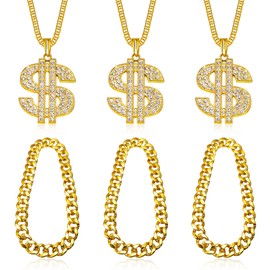 Vegolita 6 PCS Gold Fake Dollar Chain Necklace for Men Women Dollar Sign Pendant Money Necklace Adjustable Plastic Chunky Gold Chain Set 80s 90s Punk Hip Hop Rapper Costume Accessory