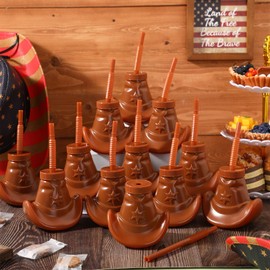 Gerrii 12 Pcs Cowboy Hat Party Cups Cowgirl Hat Cups with Straw and Lids 10 oz Plastic Cowboy Party Cups for Western Themed Party Rodeo Party Favors Supplies Decorations (Brown)