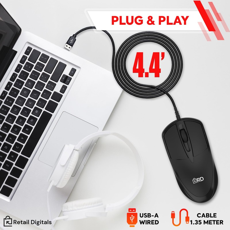 Retail Digitals 3-Button USB Wired Mouse | High-Precision Optical Tracking