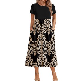 IN'VOLAND Plus Size Women Dress Vintage Crew Neck Loose Fit Bohemian Tunic Dress with Pockets