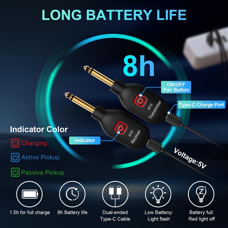 Wireless Guitar Transmitter Receiver 2.4GHz with 2 Modes, Upgrade Thumb-Size,