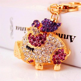 Pretty Sparkling Pig Piggy Keychain Keyring Crystal Rhinestones Cute Animal Purse Pendant Handbag Charm (Purple)