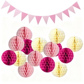 Giyomi Honeycomb Balls, Pom Poms Flower Balls, 15 Pieces, Triangle Flag Garland, Set of 1, Hanging Paper Flowers, 3 Colors, 7.9 inches (20 cm), Refreshing, Decoration, Events, Parties, Decorations