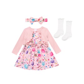 FYMNSI Newborn Infant Baby Girl Outfit Cow / Flowers Printed Long Sleeve Romper Dress Headband Socks Set, pink