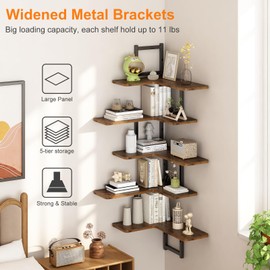 GILLAS 5-Tire Corner Shelf Wall Mount, L Shape Corner Floating Shelves Wall Mounted for Wall Decor in Living Room, Bedroom, Bathroom, Home Office, Rustic Brown
