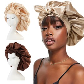 MOGONE 2 Piezas Gorro de Satin para Dormir, Ajustable Gorra de Seda para Dormir, Gorro de Satin para Dormir Cabello Rizado, Oro y Café