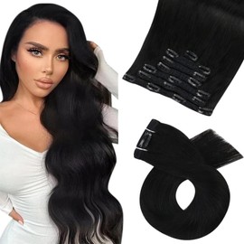 Moresoo Black Real Hair Extensions - Jet Black Clip in Human Hair 16 Inch Double Weft Full Head #1 7Pcs 120G