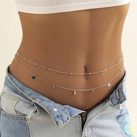 Chaioe Boho Layered Turquoise Belly Chain Silver Sequins Belly Waist Chains Beads Belt Body Chain Jewelry for Women and Girls