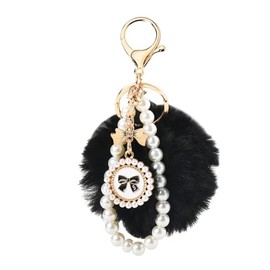 Pearl Wristlet Keychains Bracelets for Women Cute Pom Pom Keychain for Car House Keys Ring Fur Ball Wrist Strap Lanyard Fashion Bag Charms for Purse Wallet Pendant Bow Pearl Decoration for Teen Girl